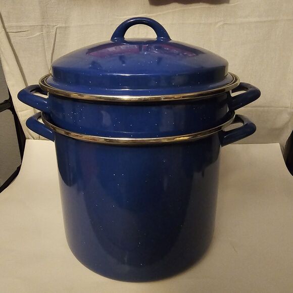 6 QUART STOCKPOT STRAINER LID BLUE PORCELAIN ENAMEL ON STEEL FARMHOUSE KITCHEN
